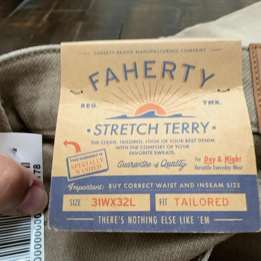 Faherty Stretch Terry Jeans Mens 31x32 Beige Slim Straight Stretch Denim Casual